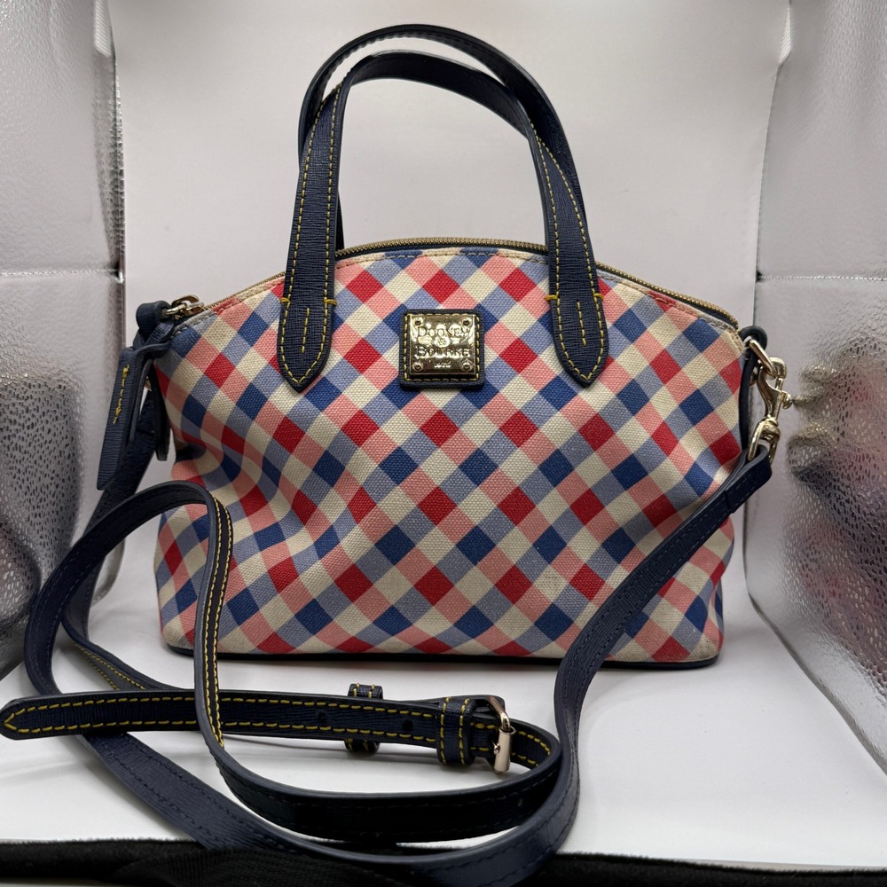 Dooney & Bourke 1975 Satchel Small Red Blue Gingham Coated Canvas Crossbody